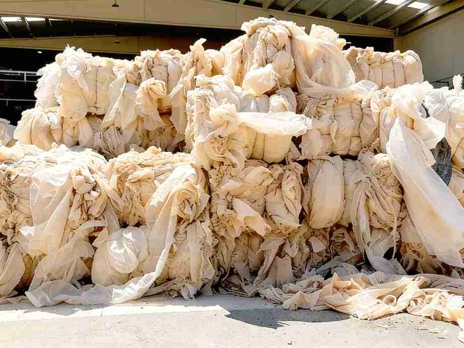 Baled PP film waste used as raw material for PP film washing line